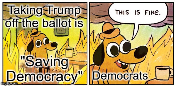 Democrats: Taking Trump Off The Ballot Is "Saving Democracy" | image tagged in democrats,saving democracy,election interference,ballot,this is fine,donald trump | made w/ Imgflip meme maker
