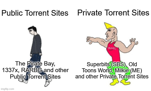 I prefer Private Torrent Sites compared to Public Torrent Sites Virgin vs Chad version | Private Torrent Sites; Public Torrent Sites; Superbits (SBS), Old Toons World, Milkie (ME) and other Private Torrent Sites; The Pirate Bay, 1337x, RARBG and other Public Torrent Sites | image tagged in virgin vs chad,website,websites,funny,meme,memes | made w/ Imgflip meme maker