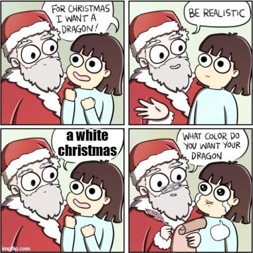 bro i live in the southern part of the us which makes it worse | a white christmas | image tagged in for christmas i want a dragon | made w/ Imgflip meme maker