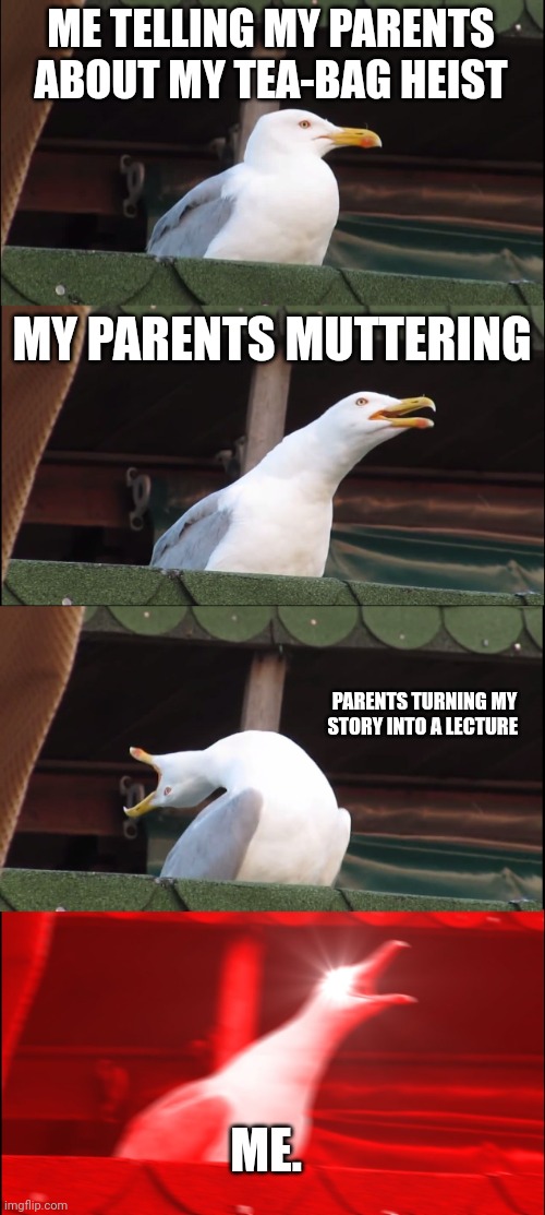 Inhaling Seagull | ME TELLING MY PARENTS ABOUT MY TEA-BAG HEIST; MY PARENTS MUTTERING; PARENTS TURNING MY STORY INTO A LECTURE; ME. | image tagged in memes,inhaling seagull | made w/ Imgflip meme maker