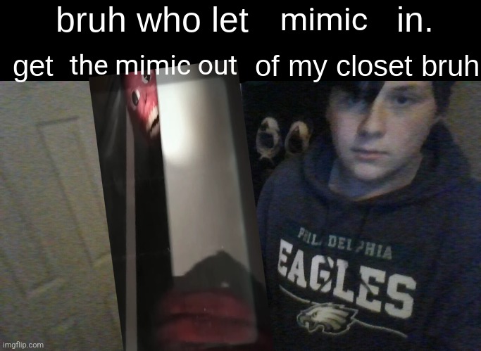 bruh who let X in. get X out of my closet bruh | mimic; the mimic out | image tagged in bruh who let x in get x out of my closet bruh | made w/ Imgflip meme maker