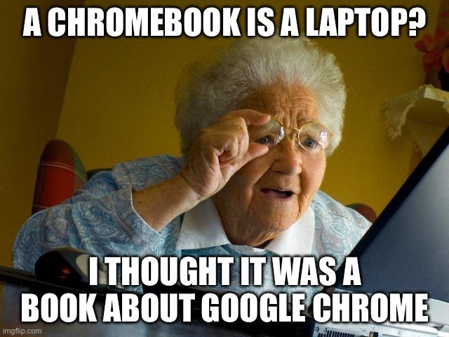 Grandma Finds The Internet | A CHROMEBOOK IS A LAPTOP? I THOUGHT IT WAS A BOOK ABOUT GOOGLE CHROME | image tagged in memes,grandma finds the internet | made w/ Imgflip meme maker