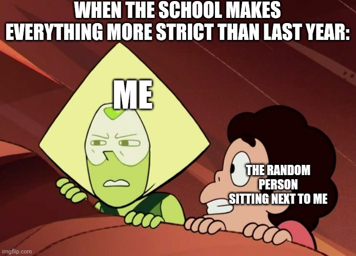 Peridot Steven Universe | WHEN THE SCHOOL MAKES EVERYTHING MORE STRICT THAN LAST YEAR:; ME; THE RANDOM PERSON SITTING NEXT TO ME | image tagged in peridot steven universe | made w/ Imgflip meme maker