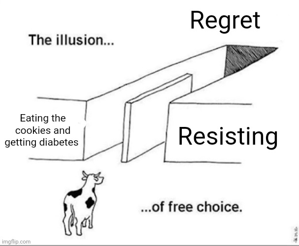 Illusion of free choice | Regret Eating the cookies and getting diabetes Resisting | image tagged in illusion of free choice | made w/ Imgflip meme maker
