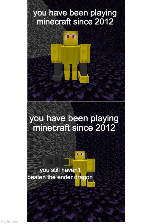 you have been playing minecraft since 2012; you have been playing minecraft since 2012; you still haven't beaten the ender dragon | made w/ Imgflip meme maker
