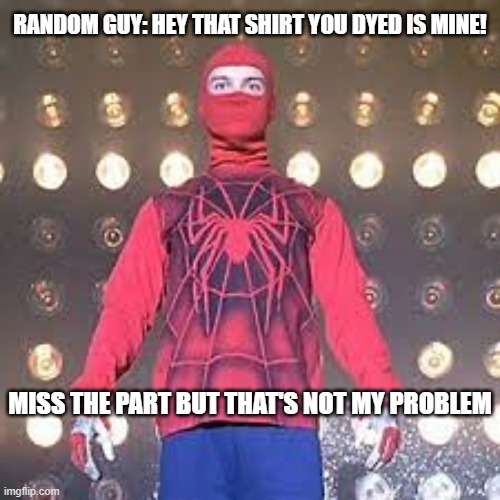 Human spider | RANDOM GUY: HEY THAT SHIRT YOU DYED IS MINE! MISS THE PART BUT THAT'S NOT MY PROBLEM | made w/ Imgflip meme maker