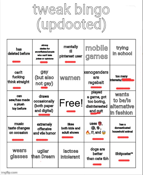 tweak bingo | image tagged in tweak bingo | made w/ Imgflip meme maker