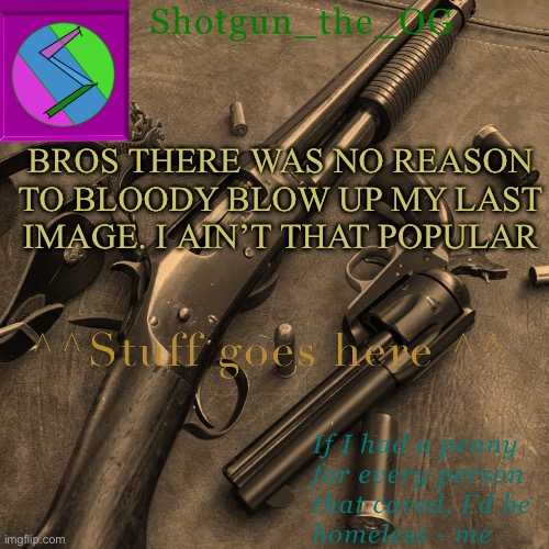 ??? | BROS THERE WAS NO REASON TO BLOODY BLOW UP MY LAST IMAGE. I AIN’T THAT POPULAR | image tagged in shotguns new template dammit | made w/ Imgflip meme maker