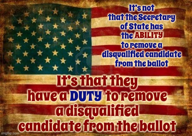 Darn That Pesky Constitution | ABILITY; It’s not that the Secretary of State has the ABILITY to remove a disqualified candidate from the ballot; It’s that they have a DUTY to remove a disqualified candidate from the ballot; DUTY | image tagged in old american flag,scumbag maga,lock him up,conservative hypocrisy,scumbag trump | made w/ Imgflip meme maker