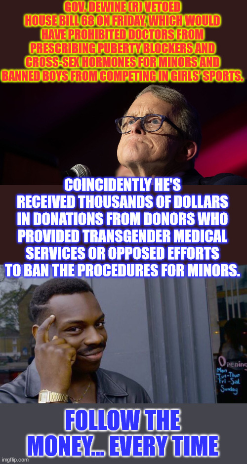 If this is about the kids he would have signed the bill. | GOV. DEWINE (R) VETOED HOUSE BILL 68 ON FRIDAY, WHICH WOULD HAVE PROHIBITED DOCTORS FROM PRESCRIBING PUBERTY BLOCKERS AND CROSS-SEX HORMONES FOR MINORS AND BANNED BOYS FROM COMPETING IN GIRLS’ SPORTS. COINCIDENTLY HE'S RECEIVED THOUSANDS OF DOLLARS IN DONATIONS FROM DONORS WHO PROVIDED TRANSGENDER MEDICAL SERVICES OR OPPOSED EFFORTS TO BAN THE PROCEDURES FOR MINORS. FOLLOW THE MONEY... EVERY TIME | image tagged in memes,roll safe think about it,follow the money,donation money decides | made w/ Imgflip meme maker