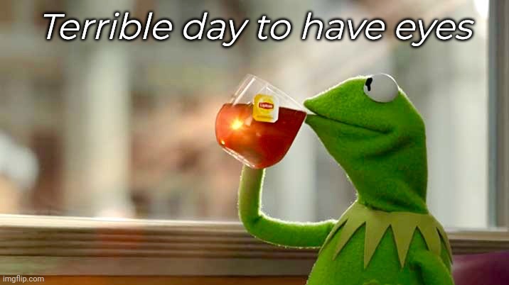 Kermit Sipping Tea HQ | Terrible day to have eyes | image tagged in kermit sipping tea hq | made w/ Imgflip meme maker