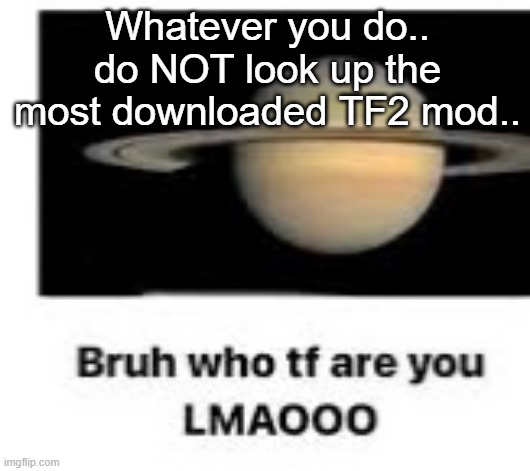 uh oh | Whatever you do.. do NOT look up the most downloaded TF2 mod.. | image tagged in bruh who tf are you | made w/ Imgflip meme maker