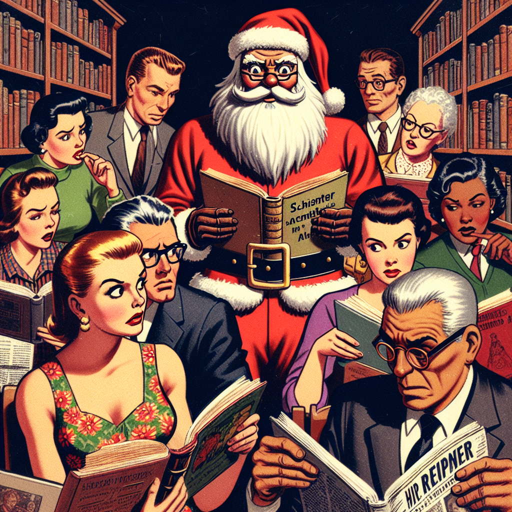 Nervous santa in a library with angry readers Blank Meme Template