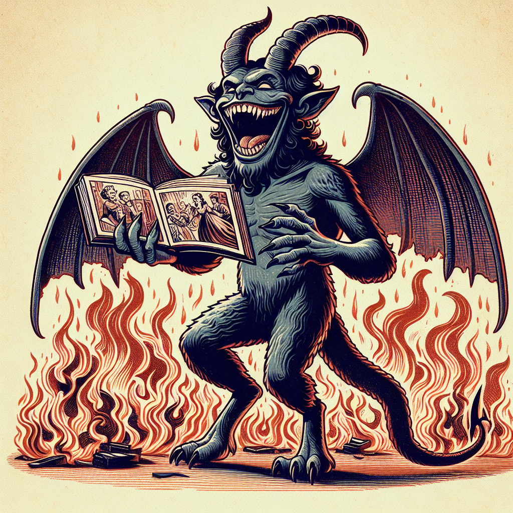 Satan holding a romance novel laughing menacingly while standing Blank Meme Template