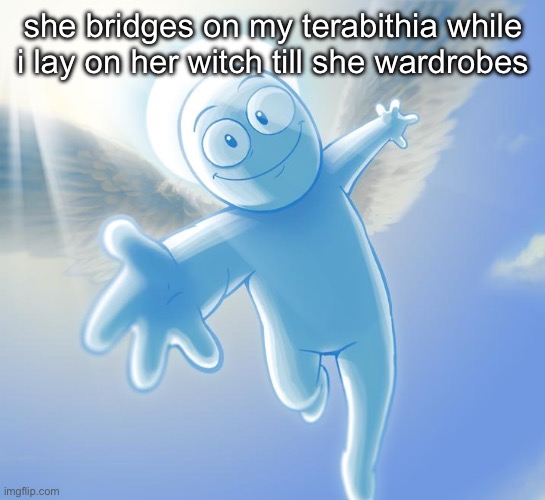 angel | she bridges on my terabithia while i lay on her witch till she wardrobes | image tagged in angel | made w/ Imgflip meme maker