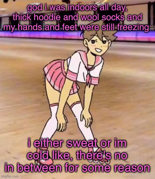 gayass (me) | god i was indoors all day, thick hoodie and wool socks and my hands and feet were still freezing; i either sweat or im cold like, there's no in between for some reason | image tagged in gayass me | made w/ Imgflip meme maker