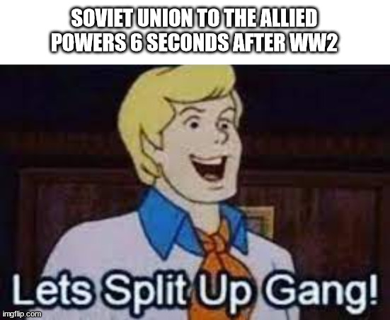 Insert Stalin joke here | SOVIET UNION TO THE ALLIED POWERS 6 SECONDS AFTER WW2 | image tagged in lets split up gang,ww2,soviet union | made w/ Imgflip meme maker
