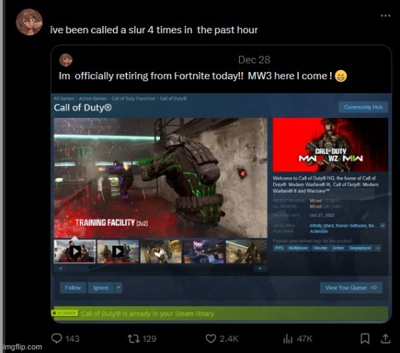 retiring fortnite mw3 | image tagged in twitter,meme,shitpost,my balls itch,gay furry porn | made w/ Imgflip meme maker
