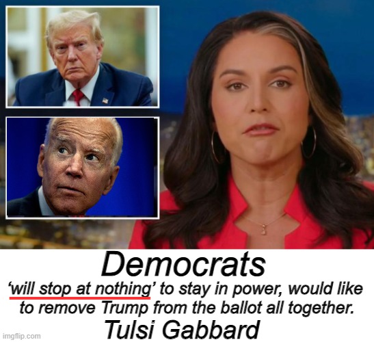 'They have no issue pursuing him & persecuting him through a weaponized & politicized DOJ.' | Democrats; _________; ‘will stop at nothing’ to stay in power, would like 
to remove Trump from the ballot all together. Tulsi Gabbard | image tagged in politics,tulsi gabbard,donald trump,democrats,quotes,government corruption | made w/ Imgflip meme maker