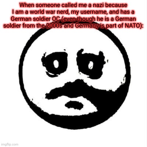 It just... gets annoying... atleast three people have done it. | When someone called me a nazi because I am a world war nerd, my username, and has a German soldier OC (even though he is a German soldier from the 2000s and Germany is part of NATO): | image tagged in the face of dread | made w/ Imgflip meme maker