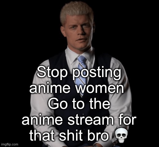 Cody Rhodes | Stop posting anime women 
Go to the anime stream for that shit bro 💀 | image tagged in cody rhodes | made w/ Imgflip meme maker