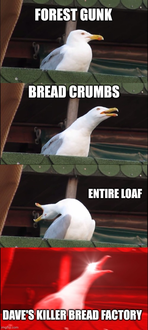 Inhaling Seagull | FOREST GUNK; BREAD CRUMBS; ENTIRE LOAF; DAVE'S KILLER BREAD FACTORY | image tagged in memes,inhaling seagull | made w/ Imgflip meme maker