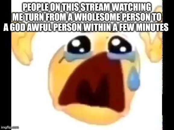 cursed crying emoji | PEOPLE ON THIS STREAM WATCHING ME TURN FROM A WHOLESOME PERSON TO A GOD AWFUL PERSON WITHIN A FEW MINUTES | image tagged in cursed crying emoji | made w/ Imgflip meme maker