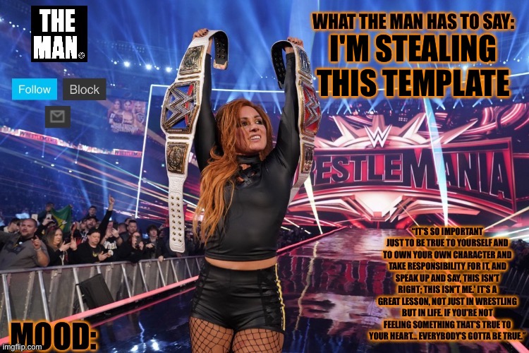 THE MAN Becky Lynch | I'M STEALING THIS TEMPLATE | image tagged in the man becky lynch | made w/ Imgflip meme maker