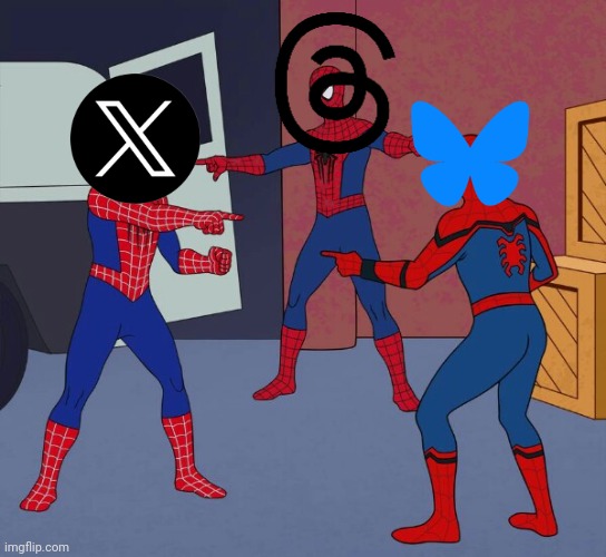 For real tho it's like they're trying to out-Twitter each other lol | image tagged in spider man triple,twitter,x,threads,instagram threads,bluesky | made w/ Imgflip meme maker