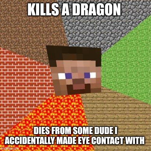 Minecraft Steve | KILLS A DRAGON; DIES FROM SOME DUDE I ACCIDENTALLY MADE EYE CONTACT WITH | image tagged in minecraft steve | made w/ Imgflip meme maker