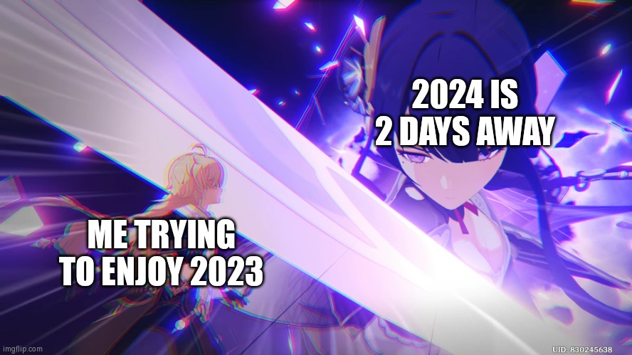 Time flies too damm quick. (I live in Germany, so it's two days away.) | 2024 IS 2 DAYS AWAY; ME TRYING TO ENJOY 2023 | image tagged in raiden shogun,funny,2023,2024 | made w/ Imgflip meme maker