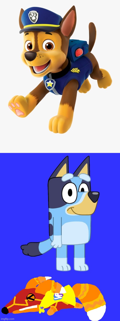 image tagged in chase paw patrol,bluey,super pretztail lying down | made w/ Imgflip meme maker