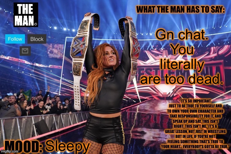 THE MAN Becky Lynch (Better format) | Gn chat. You literally are too dead. Sleepy | image tagged in the man becky lynch better format | made w/ Imgflip meme maker