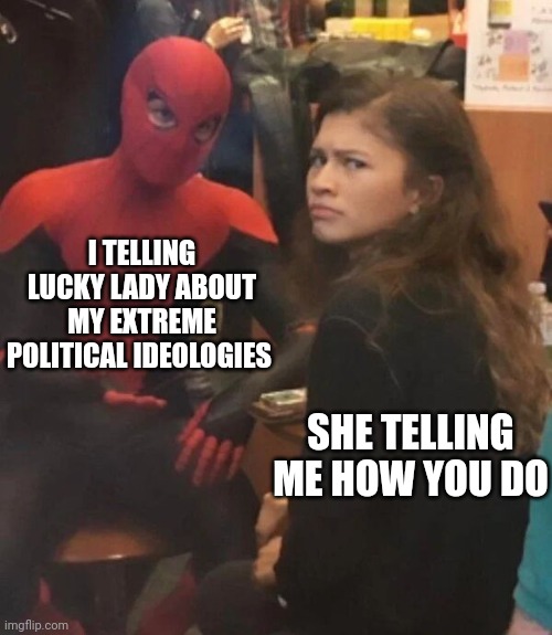 Lucky lady | I TELLING LUCKY LADY ABOUT MY EXTREME POLITICAL IDEOLOGIES; SHE TELLING ME HOW YOU DO | image tagged in spider man explaining | made w/ Imgflip meme maker