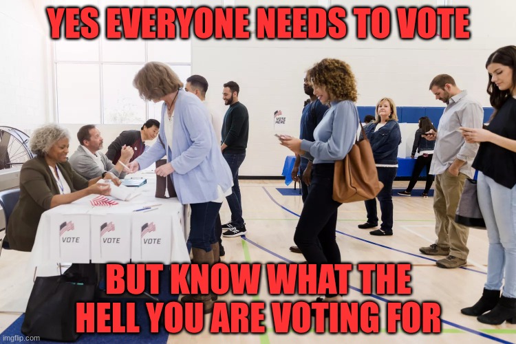 Low Information Voters | YES EVERYONE NEEDS TO VOTE; BUT KNOW WHAT THE HELL YOU ARE VOTING FOR | image tagged in politics,women | made w/ Imgflip meme maker