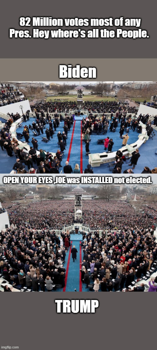 Its plain to see Joe wasn't elected ,he was installed. | 82 Million votes most of any Pres. Hey where's all the People. Biden; OPEN YOUR EYES ,JOE was INSTALLED not elected. TRUMP | image tagged in democrats,traitor,nwo,evil,psychopaths and serial killers | made w/ Imgflip meme maker