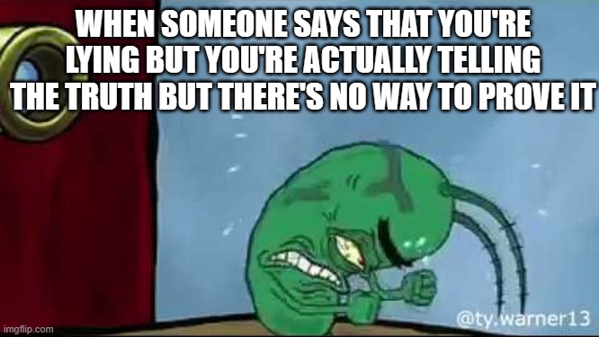 Does anyone else relate? | WHEN SOMEONE SAYS THAT YOU'RE LYING BUT YOU'RE ACTUALLY TELLING THE TRUTH BUT THERE'S NO WAY TO PROVE IT | image tagged in plankton rage | made w/ Imgflip meme maker