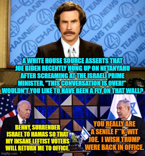 Remember when anonymous declarations during the Trump years were taken as facts by the MSM? | A WHITE HOUSE SOURCE ASSERTS THAT JOE BIDEN RECENTLY HUNG UP ON NETANYAHU AFTER SCREAMING AT THE ISRAELI PRIME MINISTER, "THIS CONVERSATION IS OVER!"  WOULDN'T YOU LIKE TO HAVE BEEN A FLY ON THAT WALL? BENNY, SURRENDER ISRAEL TO HAMAS SO THAT MY INSANE LEFTIST VOTERS WILL RETURN ME TO OFFICE. YOU REALLY ARE A SENILE F**K-WIT JOE.  I WISH TRUMP WERE BACK IN OFFICE. | image tagged in breaking news | made w/ Imgflip meme maker