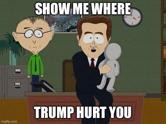 Show me on this doll | SHOW ME WHERE TRUMP HURT YOU | image tagged in show me on this doll | made w/ Imgflip meme maker