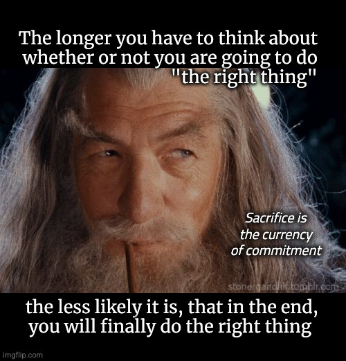Sacrifice is the currency of commitment  ... | The longer you have to think about
whether or not you are going to do
"the right thing"; Sacrifice is
the currency
of commitment; the less likely it is, that in the end,
you will finally do the right thing | image tagged in wise gandalf | made w/ Imgflip meme maker