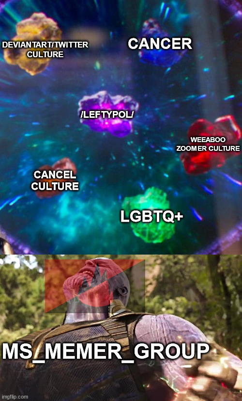 formation of msmg | CANCER; DEVIANTART/TWITTER CULTURE; /LEFTYPOL/; WEEABOO ZOOMER CULTURE; CANCEL CULTURE; LGBTQ+; MS_MEMER_GROUP | image tagged in thanos infinity stones | made w/ Imgflip meme maker