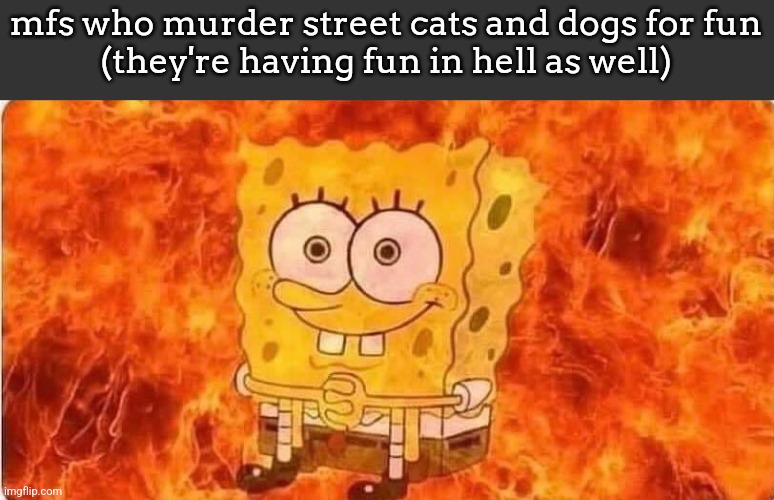 when I was a kid I thought sponge bob was a kitchen sponge and not a sea sponge | mfs who murder street cats and dogs for fun
(they're having fun in hell as well) | image tagged in spongebob in flames | made w/ Imgflip meme maker