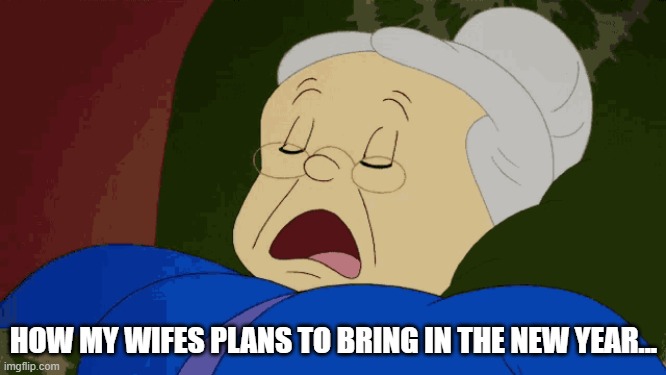 wife cant hang | HOW MY WIFES PLANS TO BRING IN THE NEW YEAR... | image tagged in happy new year,wife,grandma | made w/ Imgflip meme maker