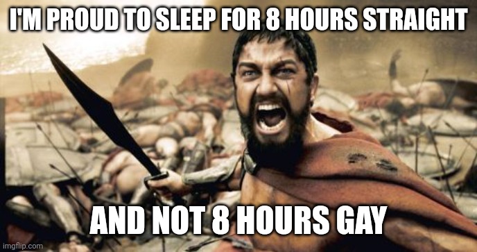Sparta Leonidas | I'M PROUD TO SLEEP FOR 8 HOURS STRAIGHT; AND NOT 8 HOURS GAY | image tagged in memes,sparta leonidas | made w/ Imgflip meme maker