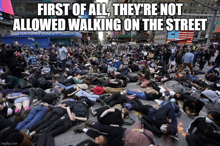 protesters on da street | FIRST OF ALL, THEY'RE NOT ALLOWED WALKING ON THE STREET | image tagged in protesters on da street | made w/ Imgflip meme maker