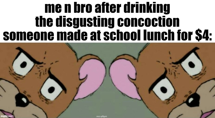 me n bro | me n bro after drinking the disgusting concoction someone made at school lunch for $4: | image tagged in me n bro | made w/ Imgflip meme maker