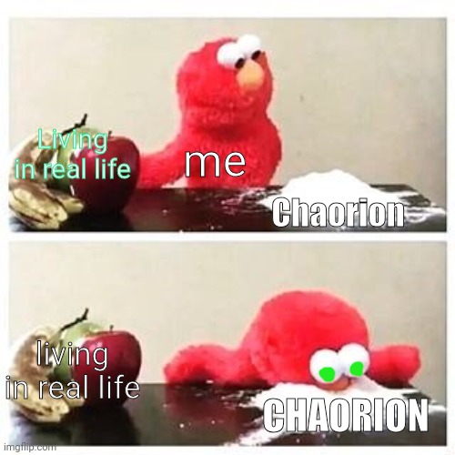 Don't do drugs | Living in real life; me; Chaorion; living in real life; CHAORION | image tagged in elmo cocaine | made w/ Imgflip meme maker