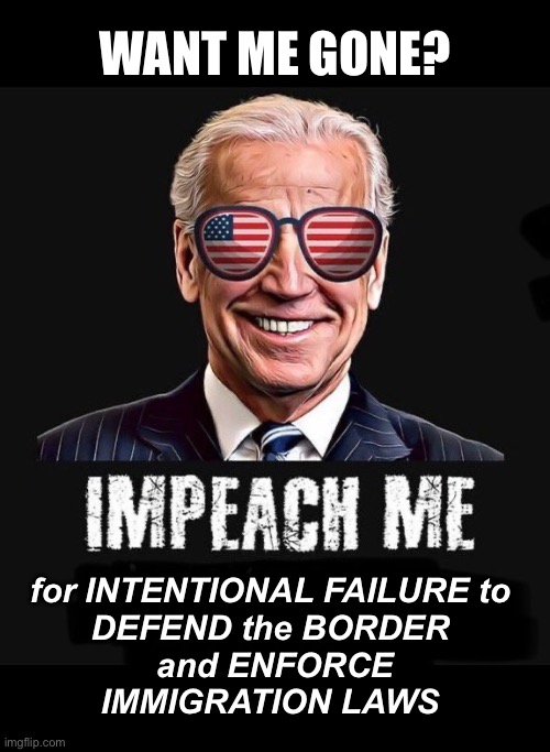 Something we can all agree on | WANT ME GONE? for INTENTIONAL FAILURE to 
DEFEND the BORDER 
and ENFORCE
IMMIGRATION LAWS | image tagged in impeach biden | made w/ Imgflip meme maker