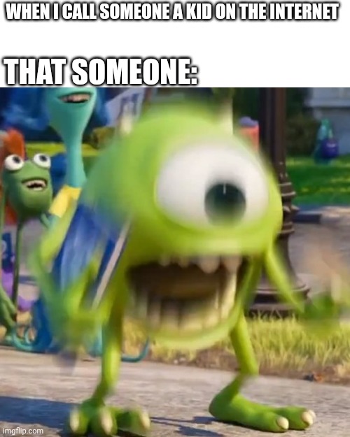 Lbr. Kid us the biggest insult. | WHEN I CALL SOMEONE A KID ON THE INTERNET; THAT SOMEONE: | image tagged in mike wazowski,kid,monster inc,memes,funny memes,insults | made w/ Imgflip meme maker