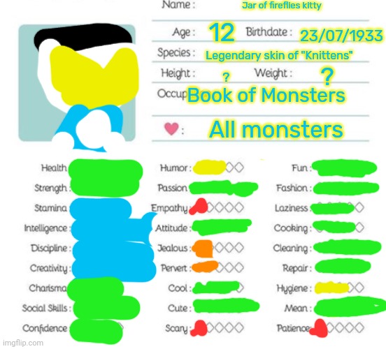 Jar of fireflies kitty's info | Jar of fireflies kitty; 12; 23/07/1933; Legendary skin of "Knittens"; ? ? Book of Monsters; All monsters | image tagged in oc info chart,jar of fireflies kitty | made w/ Imgflip meme maker